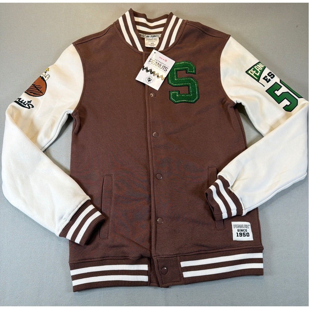 Peanuts Snoopy Woodstock Varsity Jacket‎ Mens XS Brown White Letterman Champs